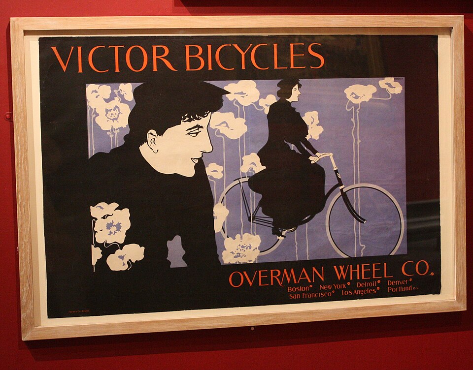 Poster: 'Victor Bicycles' 1896 American graphic designers of the 1890\'s were greatly influenced by European poster design. Commercial manufacturers commissioned posters for billboards and locations such as streetcars. Graphic advertising quickly became an industry. This poster by Will H. Bradley, o