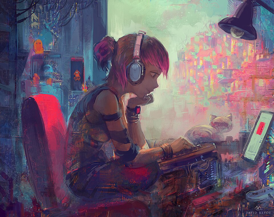 An artwork inspired by Lofi Girl and cyberpunk by David Revoy. Drawing done in Krita.