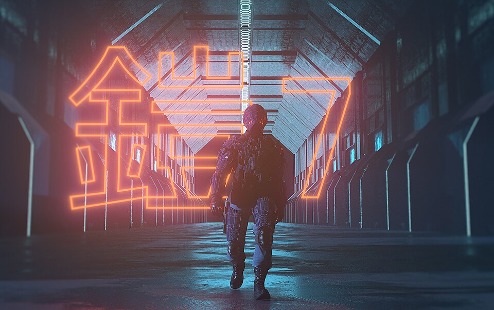 Artwork of an android police officer walking down a corridor.