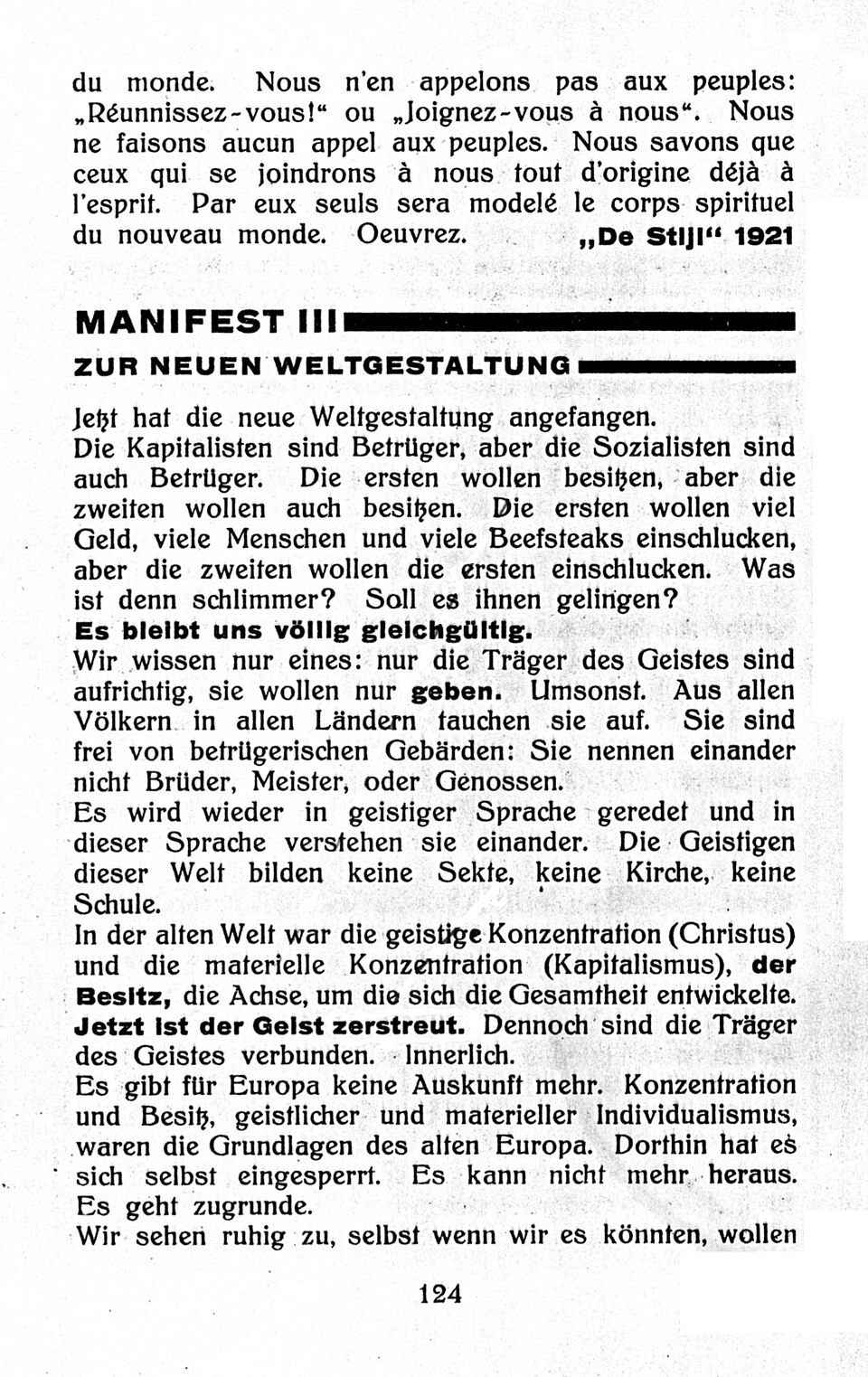 Manifest III. Zur neuen weltgestaltung [1]. From / afkomstig uit De Stijl, vol. 4, nr. 8 (August 1921): p. 124.