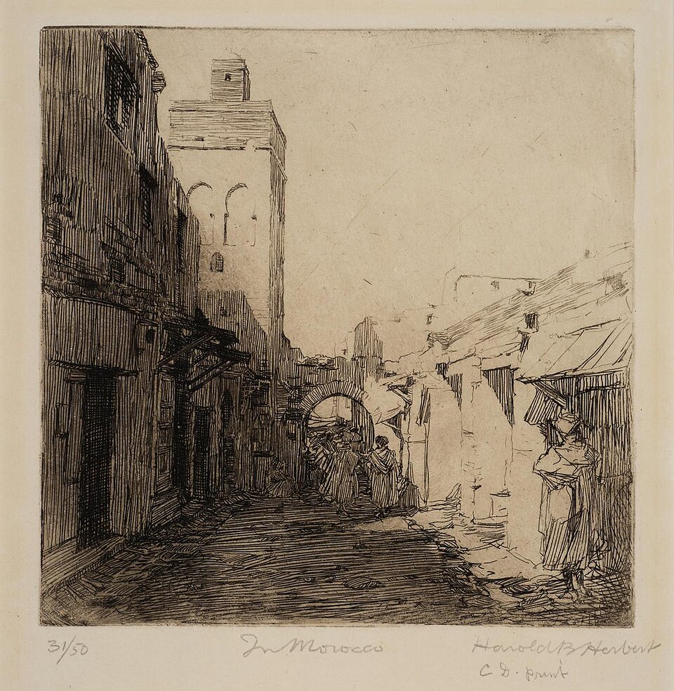 Harold Herbert (1922) In Morocco, Etching 15.0 x 15.0 cm, courtesy Castlemaine Art Museum