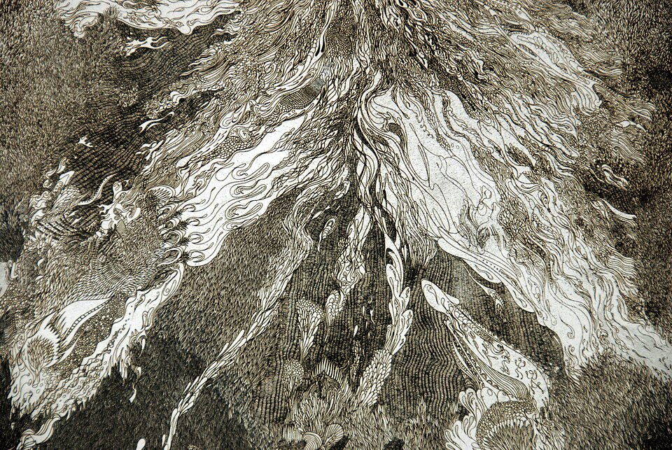 This is a detail from my 1981 etching and aquatint print, Mt. Tamalpais, done at Atelier 63 on Rue de la Guerre, Paris, France. I used a copper plate.