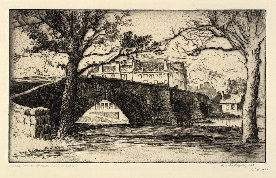 Etching of Musselburgh Bridge, Edinburgh