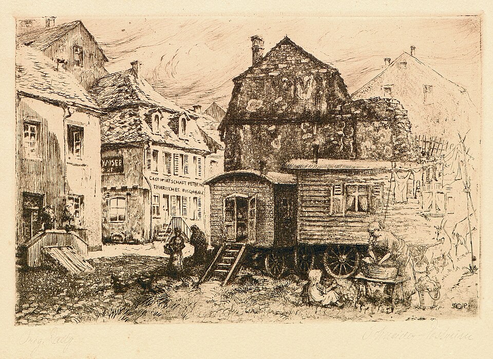 Anton Schneider-Postrum, etching (1919): "Trierisches Fischhaus", Trier, St.-Barbara-Ufer, size: 25.7 cm x 14.5 cm, size of the entire sheet: 27.0 cm x 37.3 cm