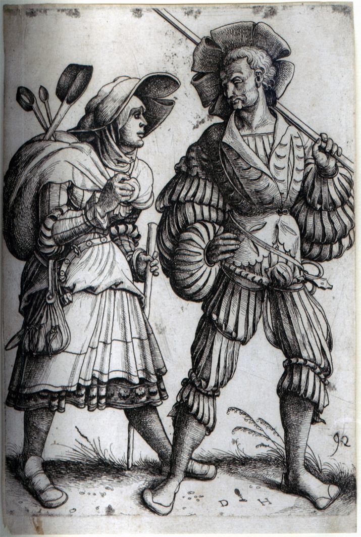 The Soldier and his Wife (B VIII, 62, Holl.70, ii/ii). Etching, a good strong impression though with corrosion marks at edges of plate, with margin or thread margin on three sides, trimmed on the platemark upper left edge and lower right edge, repaired tears in left corners, corners thin. With Funck