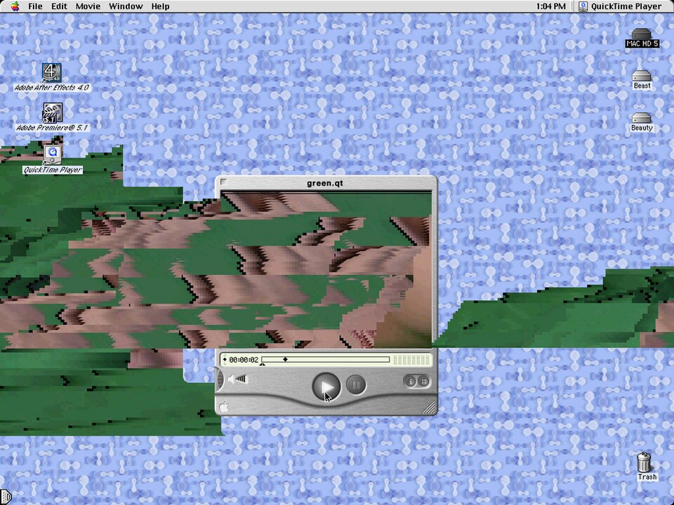 Exhibitions of green.qt_slippage by jonCates include "Glitch: Investigations into the New Ecology of the Digital Age", curated by Nick Briz in Chicago, "d1sc0nN3ct: The art of the glitch" in Cairo, and "DISRUPTION" at the Vancouver Art Gallery in Canada, the art exhibition of the 21rst International