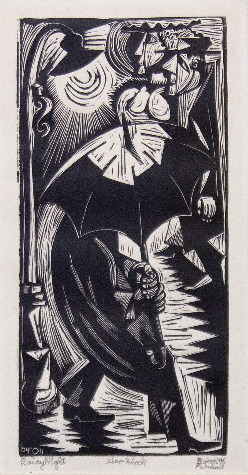1945 linocut of a street scene of figures with an umbrella, by Byron Randall