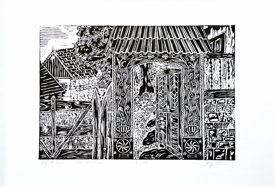 Gate. Linocut prints by Béla Nagy (2016)