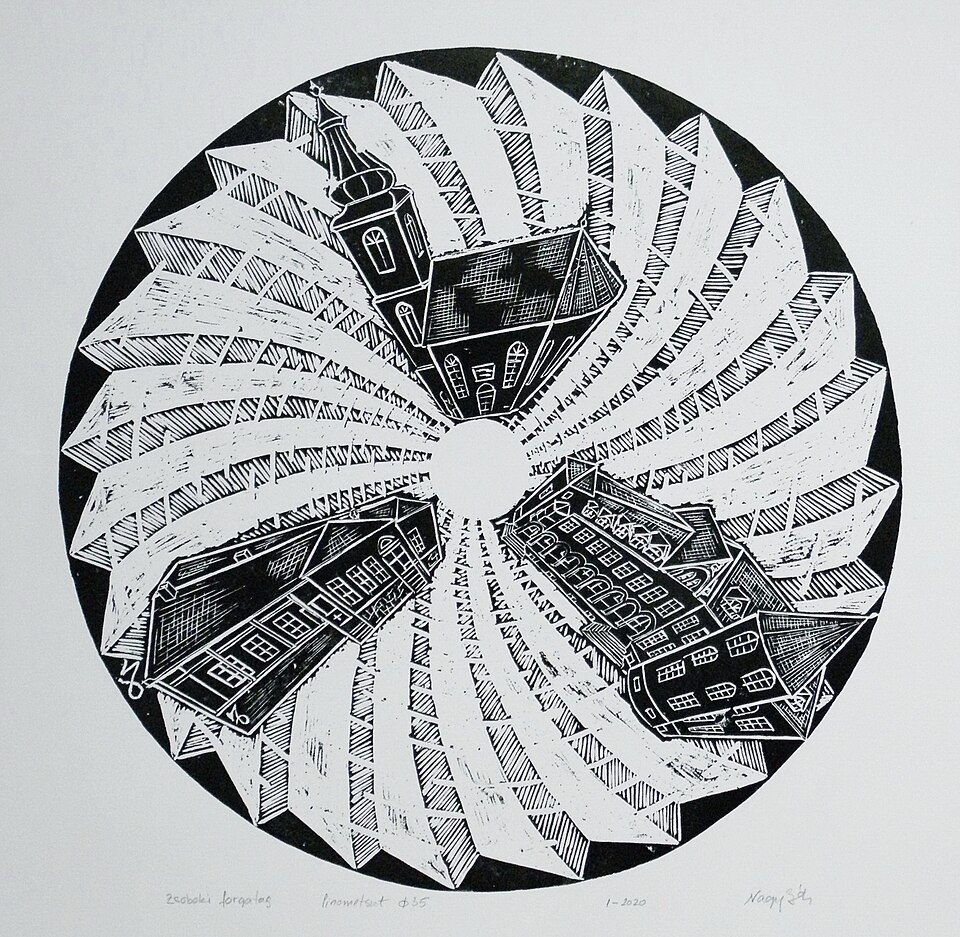 Jebucu (three buildings). Linocut by Béla Nagy. 2020 works