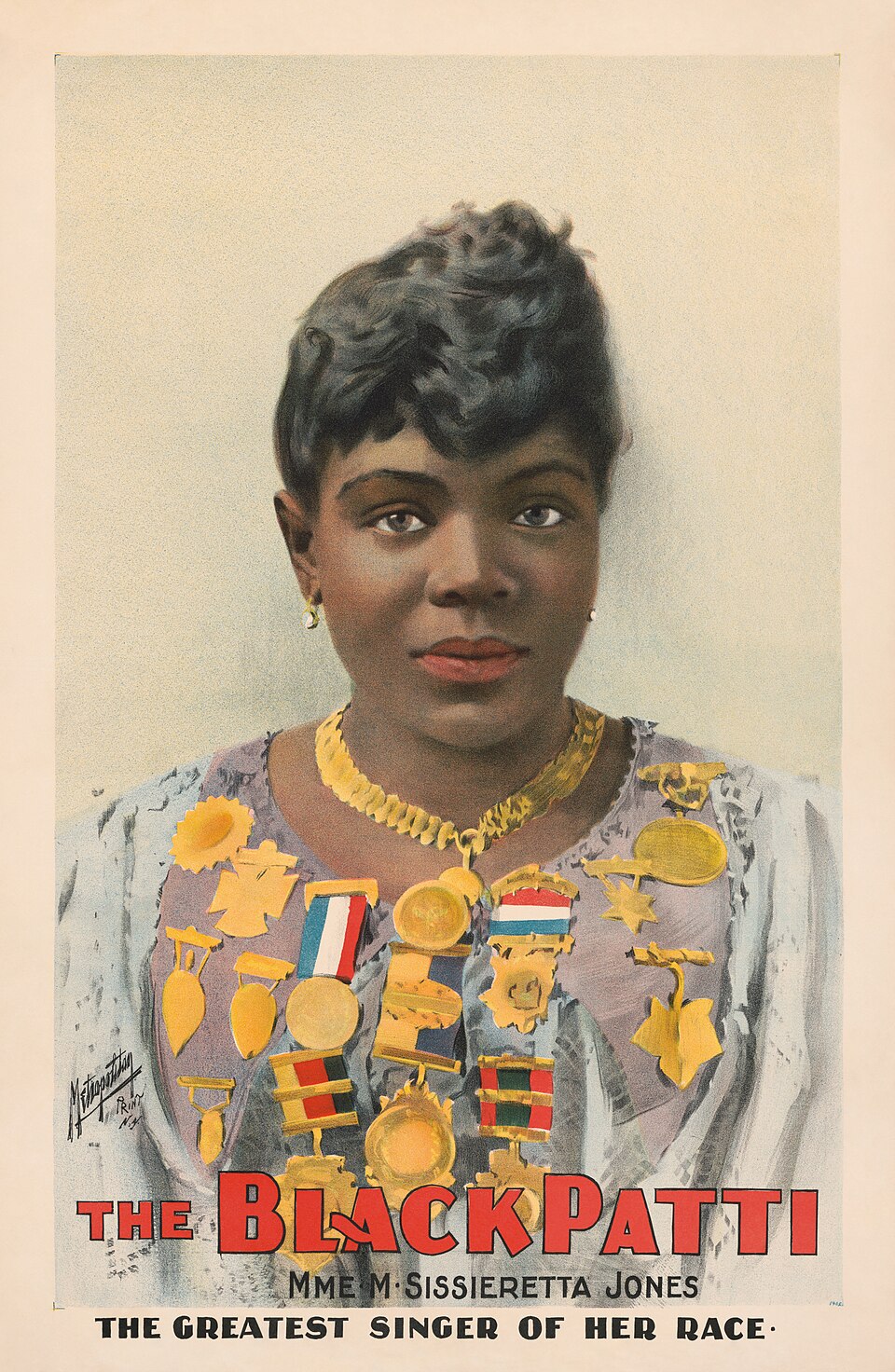 Poster: "The Black Patti, Mme. M. Sissieretta Jones, The Greatest Singer of her Race". Color lithograph ; sheet 77 x 50 cm. Restorationist's Note: I hate the text on this. Hits some of the worst Victorian ways of writing about other races than white. I did this restoration for Jones, not the copyist
