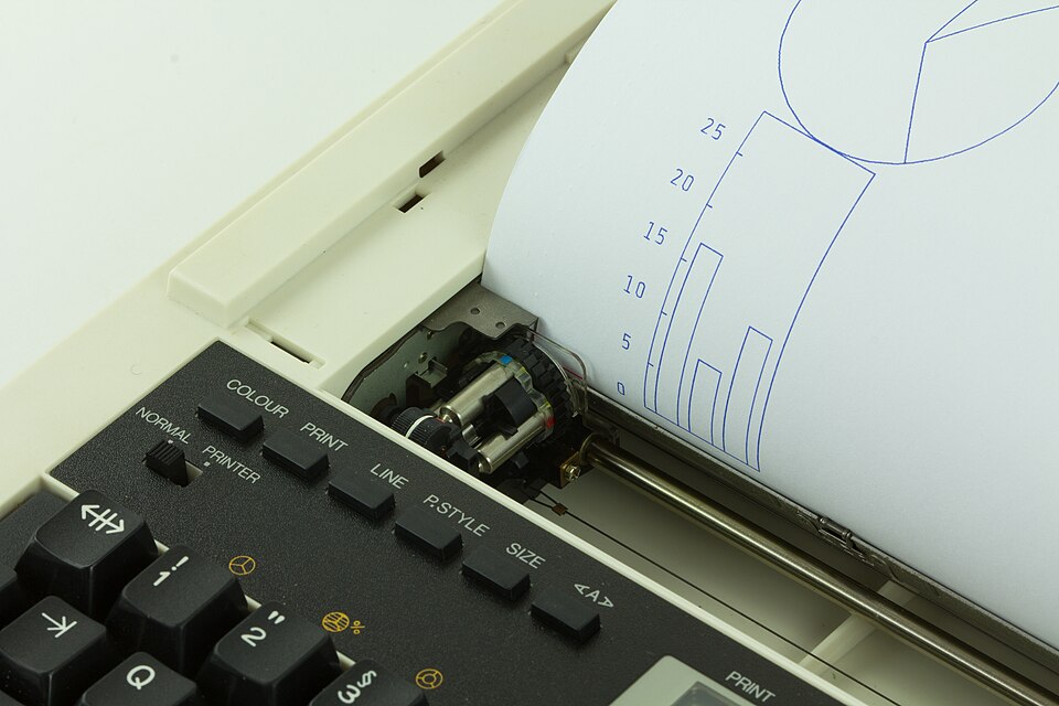 Silver Reed Colour PenGraph EB50 Plotter: vertical-bar chart drawn by built-in special function; the clear cover is removed, and the revolving holder with the plotter pen can be seen