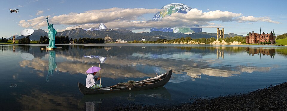 Phot omontage - Composite of 16 different photos which have been digitally manipulated to give the impression that it is a real landscape. Software used: Adobe Photoshop