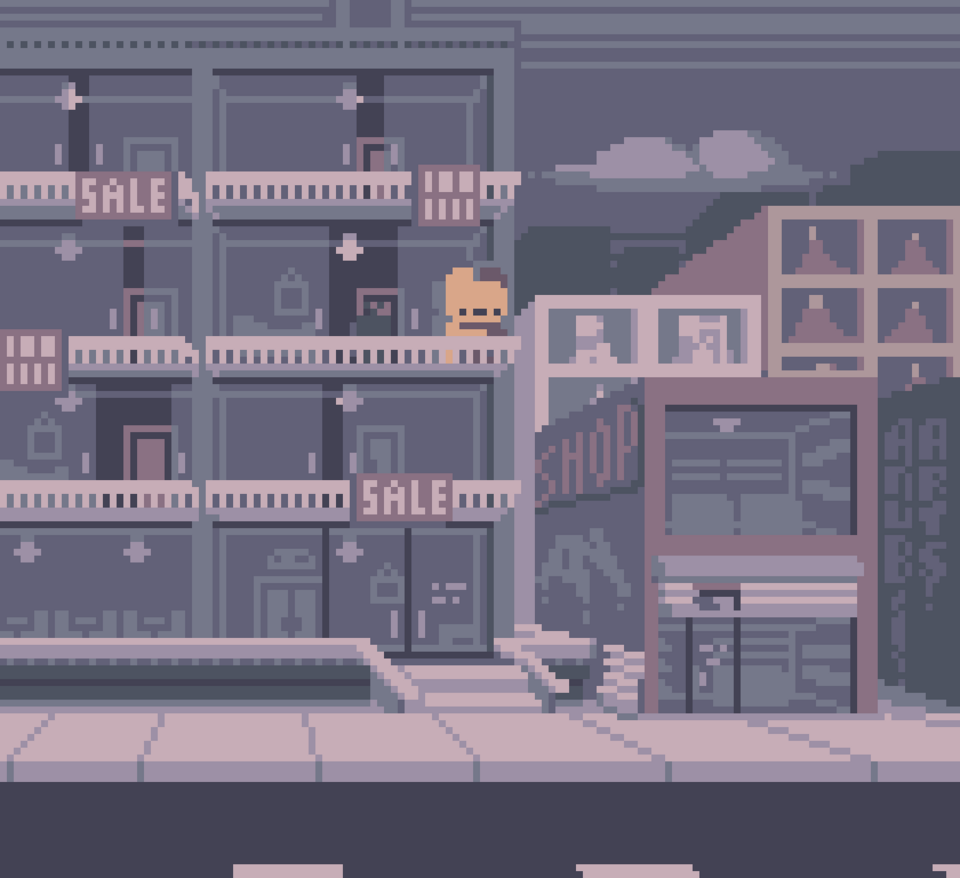Pixel art featuring a character resting on the balcony of a hotel, looking at the front of it. The building this character is located in has tons of "For Sale" signs. There's a few buildings all around, but most of them seem either abandoned or closed. Its beginning to turn into night.
