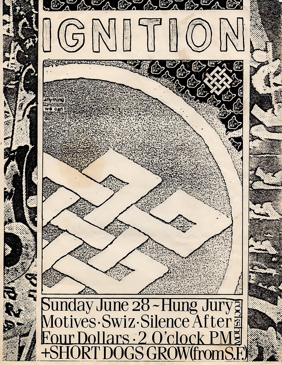 A hand-drawn flyer for a concert featuring Ignition, Swiz, and Short Dogs Grow from the late 1980s.