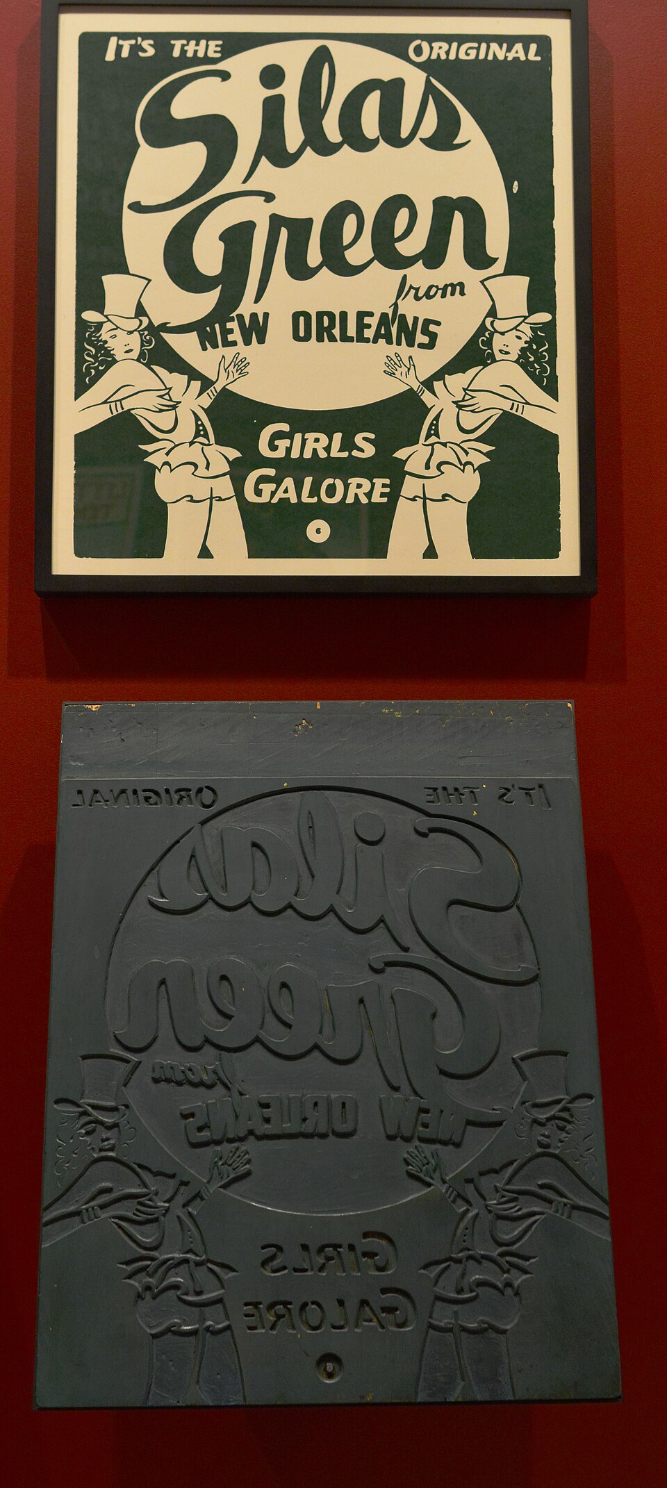 Printing block and partial poster (printed from the block) for Silas Green from New Orleans, an African American touring tent show that existed in various forms from circa 1904 until 1957. From the Hatch Show Print collection, photographed at the exhibit Act Black: Posters from Black American Stage 