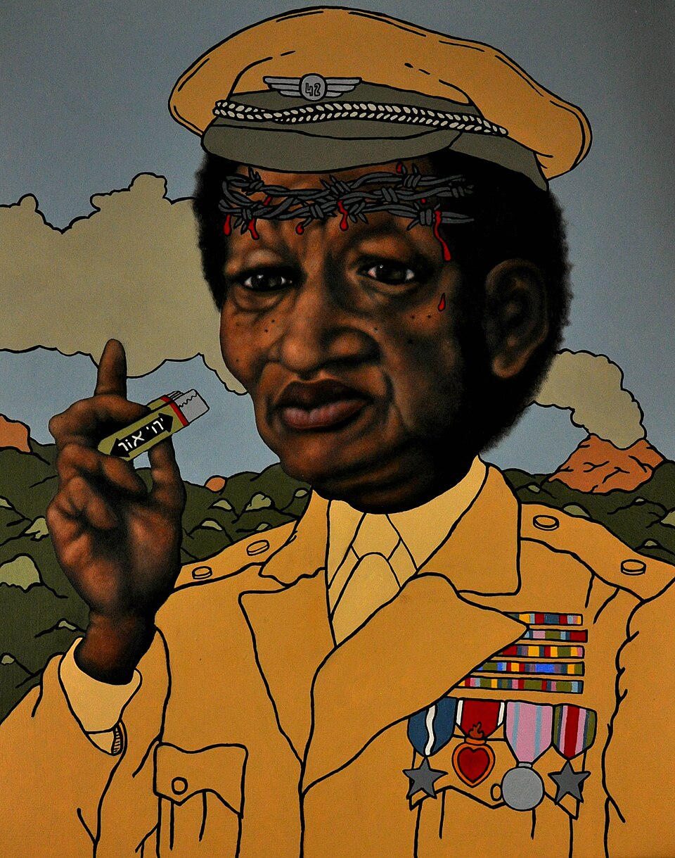John Frum appears frequently as a character in the paintings of Leigh Cooney. This piece titled "Flow My Tears, John Fruma Said" features Cooney's interpretation of John Frum as a Christ Figure to represent the absurdity of turning to Gods as a source of answers for aspects of life we don't understa